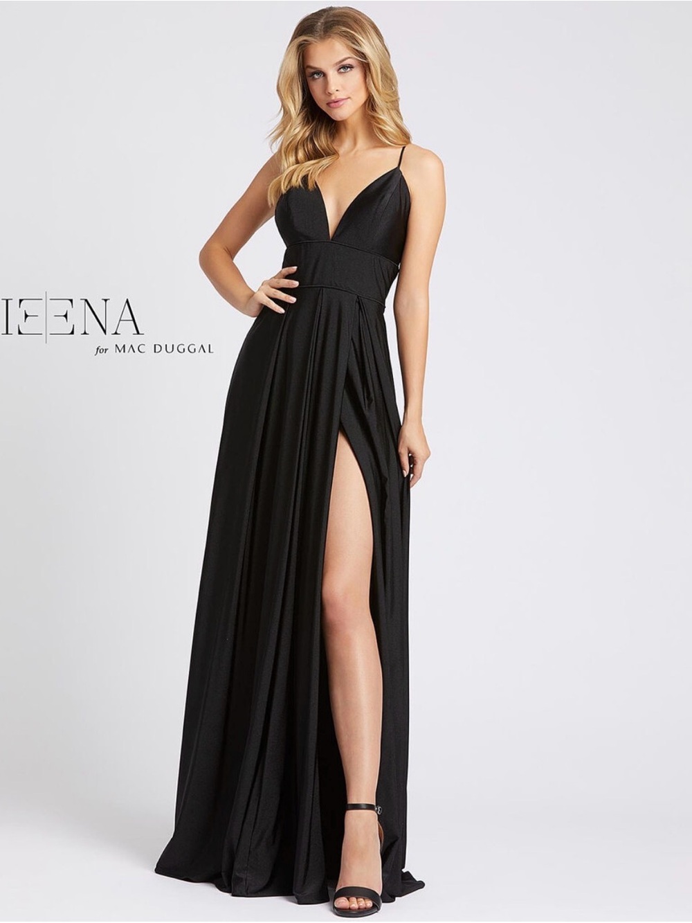 Mac Duggal Black Plunging V-Neck High-Slit Maxi Gown